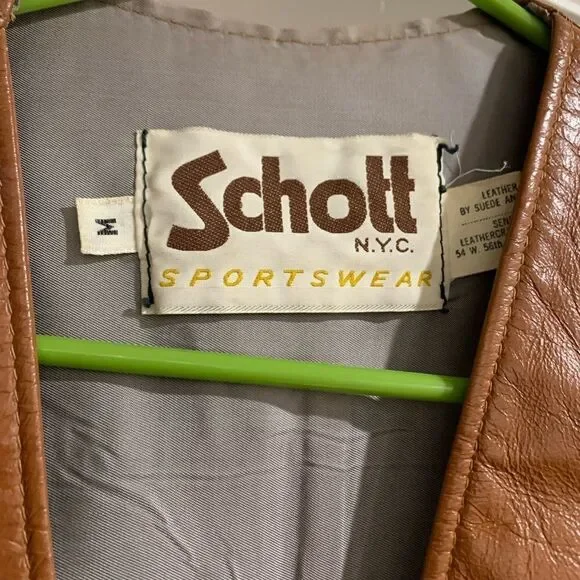Vtg Schott NYC Caramel Brown Leather Button Up Vest Sz Med Made in USA